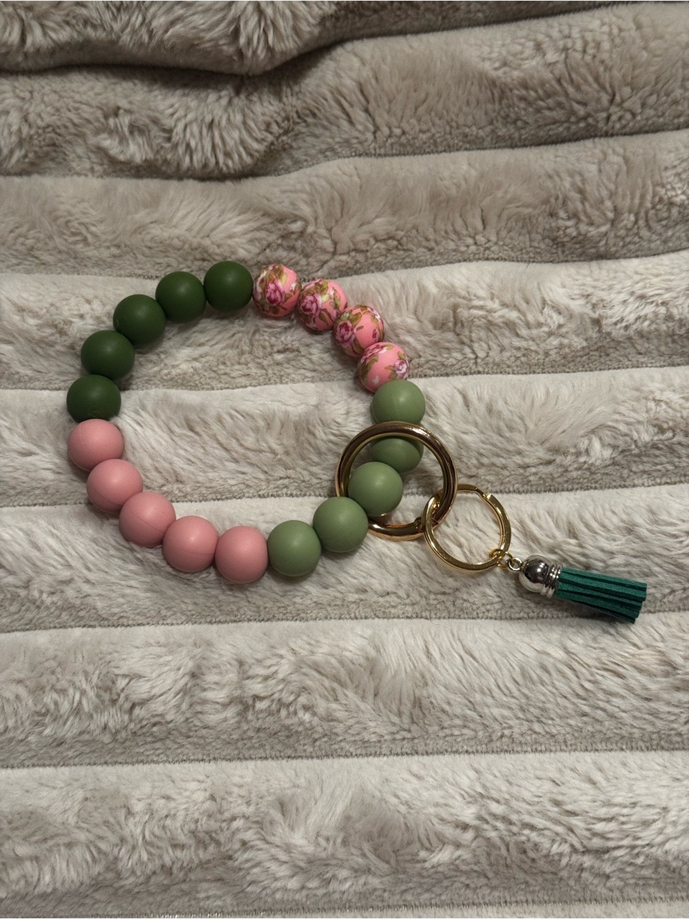 Stylish Pink & Green Beaded Wristlet Keychain with Tassel